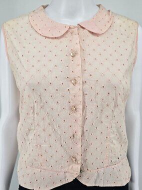 Distressed Vintage 1950s Judy Bond Pink Broderie Anglaise Sleeveless Blouse (M)
